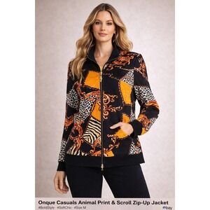 Onque Casuals Animal Print & Scroll Zip-Up Jacket Gold Black Orange Size M